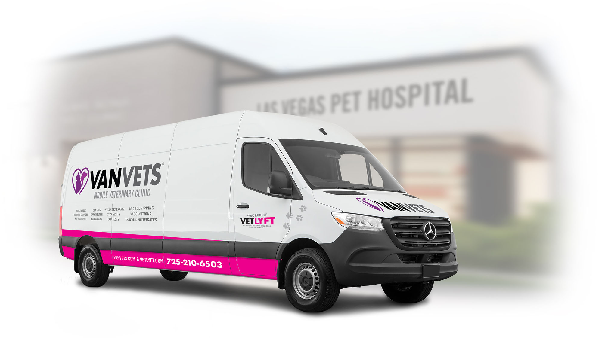 VANVETS mobile vet clinic parked in front of the Las Vegas Pet Hospital